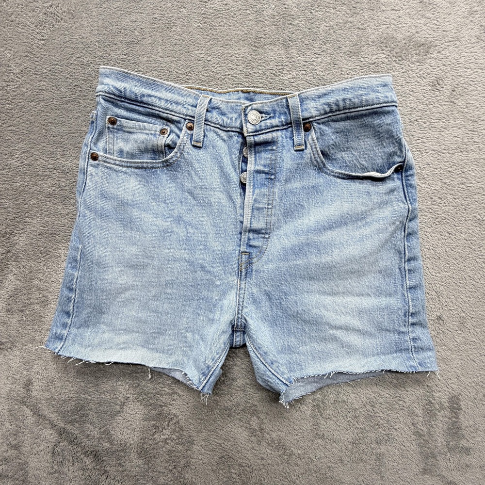 Levis 501 Premium Shorts Womens Measured 30x3 Blue Denim Cut-Off Raw Hem Stretch